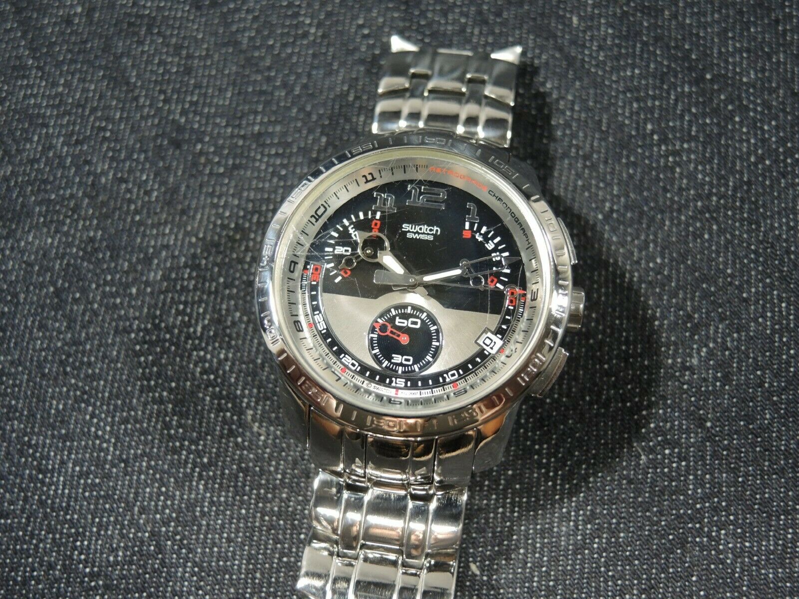 Swatch Irony Watch Chrono RETROGRADE FOOL FLY YRS406G Swiss Men Rare Date  Steel | WatchCharts Marketplace