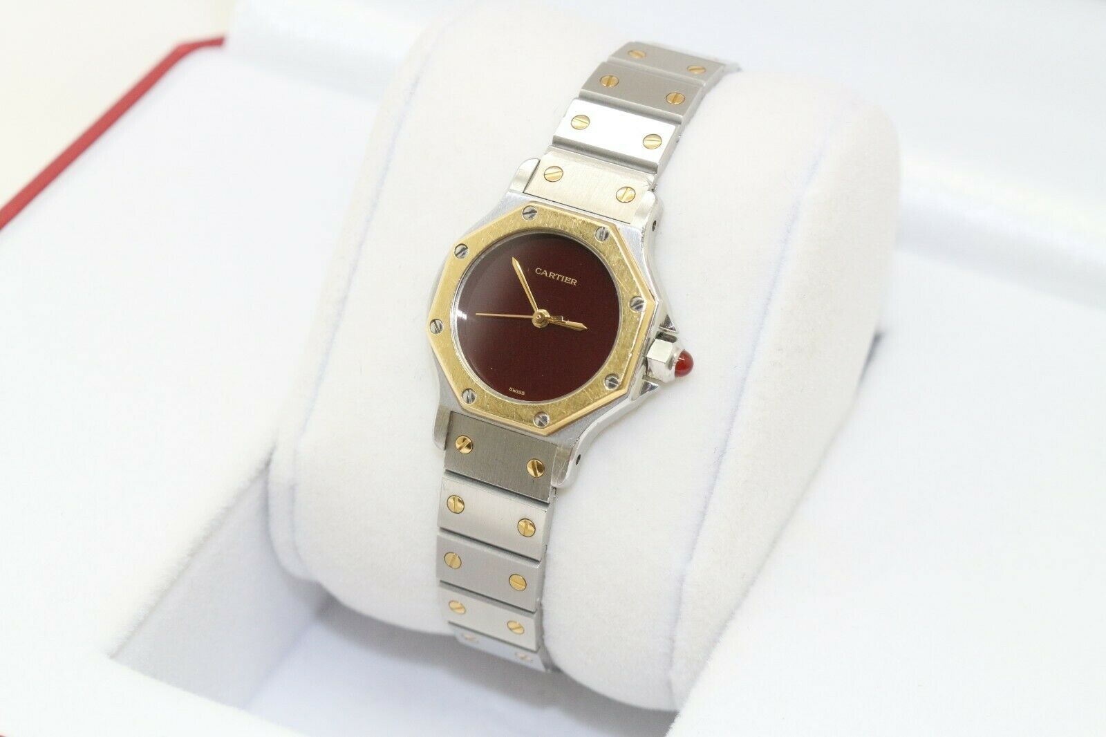 CARTIER SANTOS OCTAGON 24MM BURGUNDY DIAL AUTOMATIC LADIES WATCH