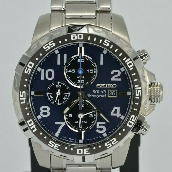 Seiko SSC305 Solar Chronograph Navy Blue Dial Silver Tone Men's Watch ...