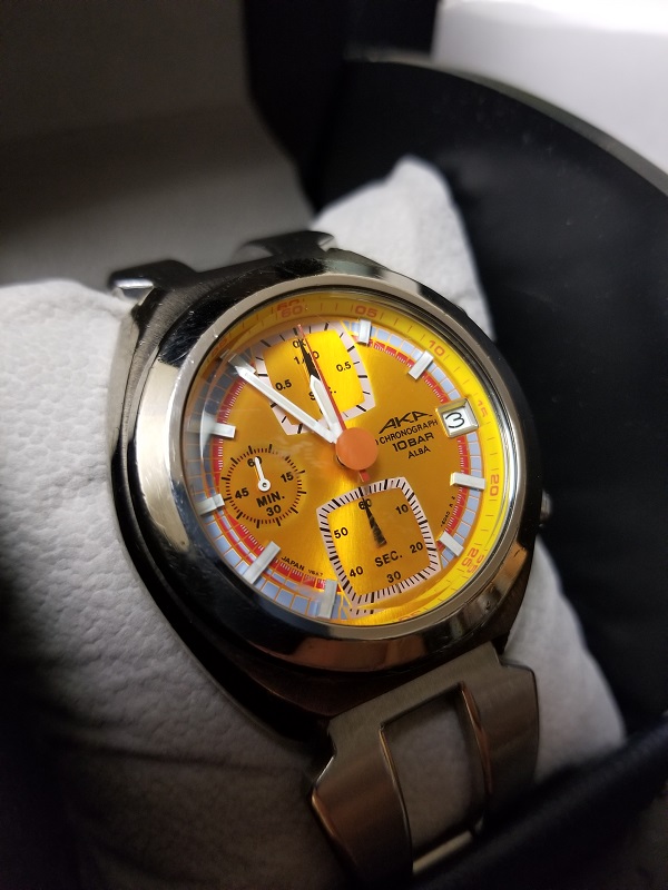 AKA (Seiko / Alba) vintage quartz chronograph V657-6030, yellow