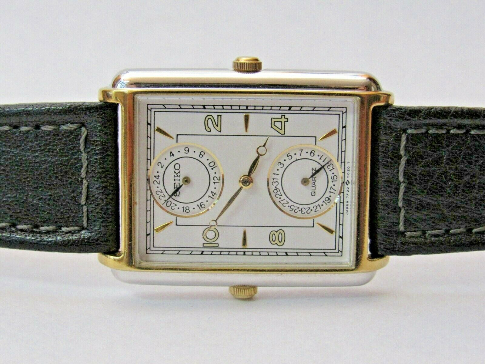 RARE SEIKO 7F22-5019 DUO DIAL DUAL TIME 2 TIME ZONE MENS CLASSIC