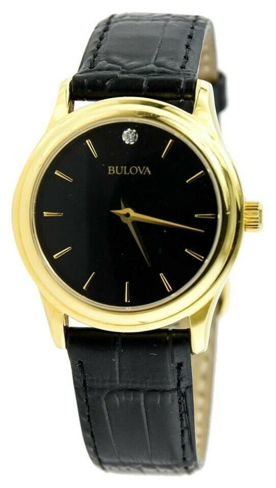 Bulova 97Y01 Gold Tone Stainless Steel Black Leather Band Diamond Womens Watch WatchCharts Marketplace