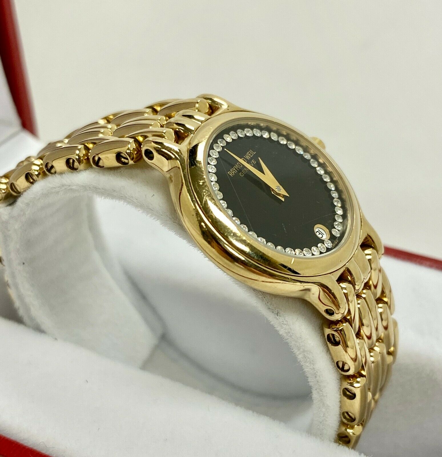 Raymond Weil Gold Tone Black Face, White Sapphires, Watch
