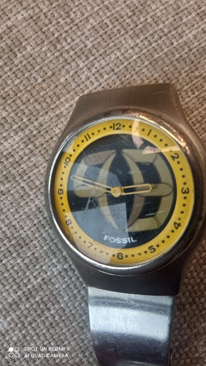 Fossil Big Tic Watch Men Silver Tone Yellow Dial Analog