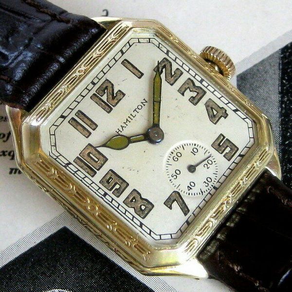 Mens 1927 Hamilton SQUARE 14K Solid GREEN Gold ENGRAVED Cut Corner Deco ...