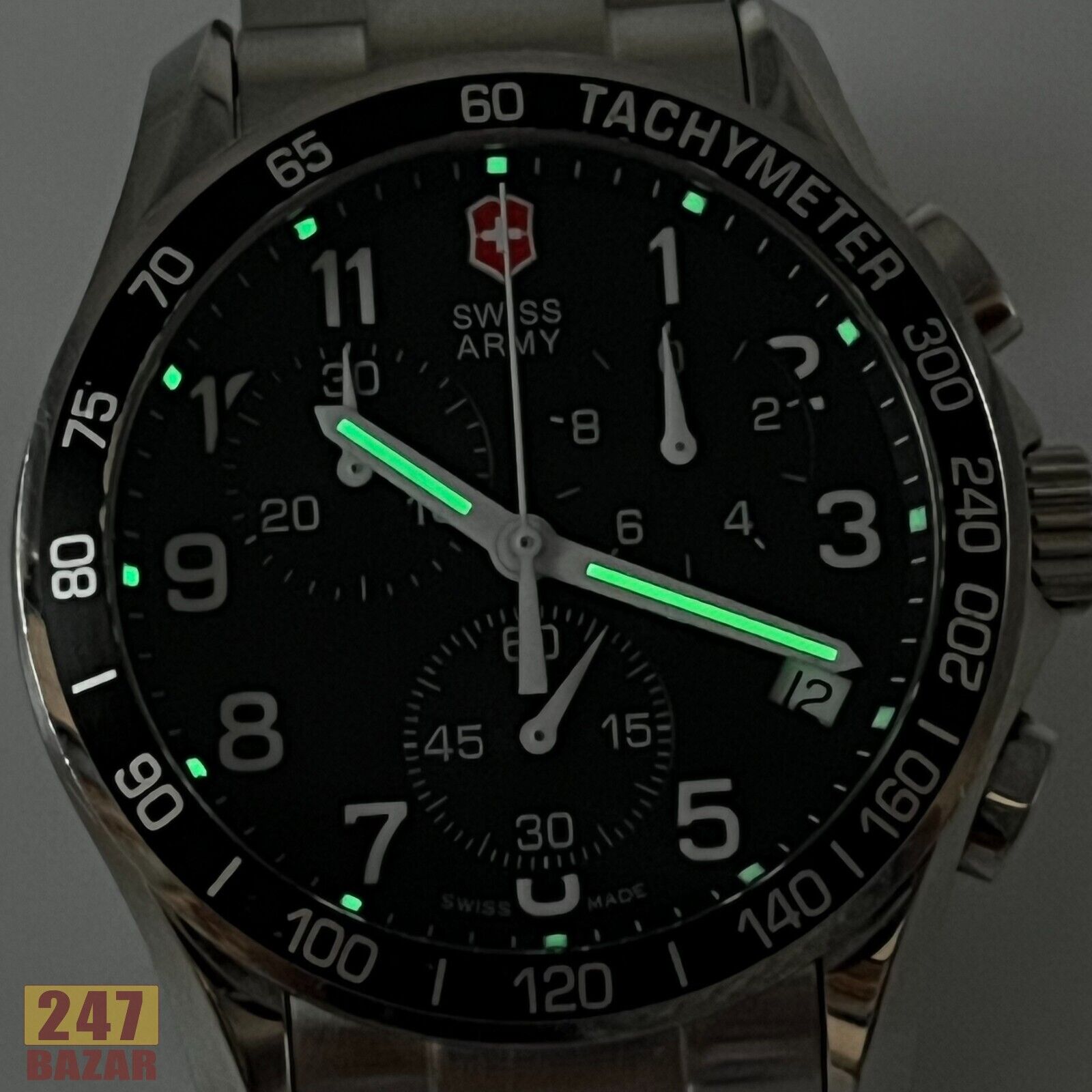 Victorinox SWISS ARMY Quartz 241122 Black Dial Date Chrono SS
