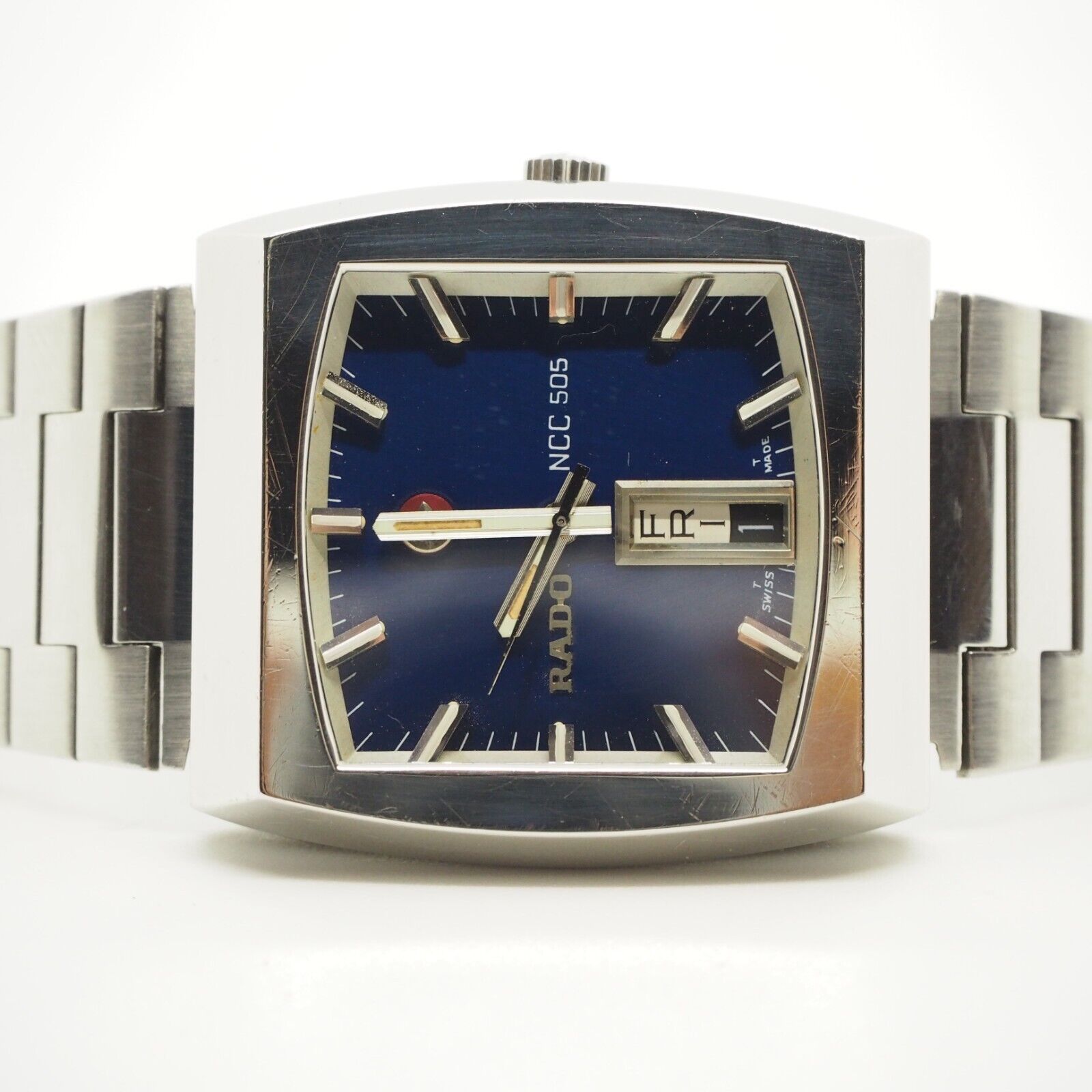 Rado Ncc505 Watch Men 35mm Blue Silver Square Vintage Swiss Day
