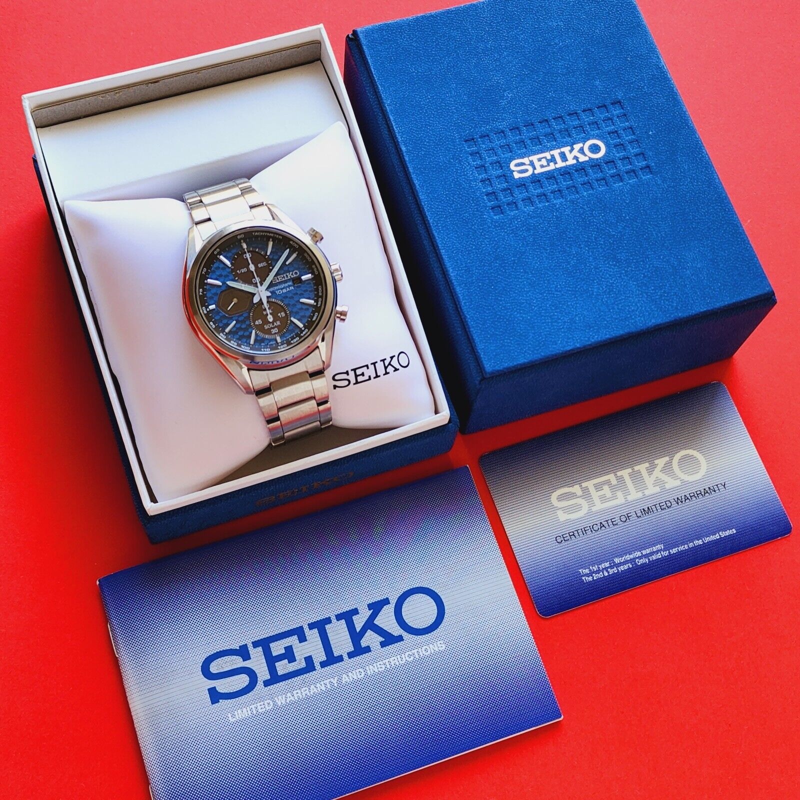 Seiko Chronograph Watch Rare Blue Solar Dial Bracelet V176-0BH0