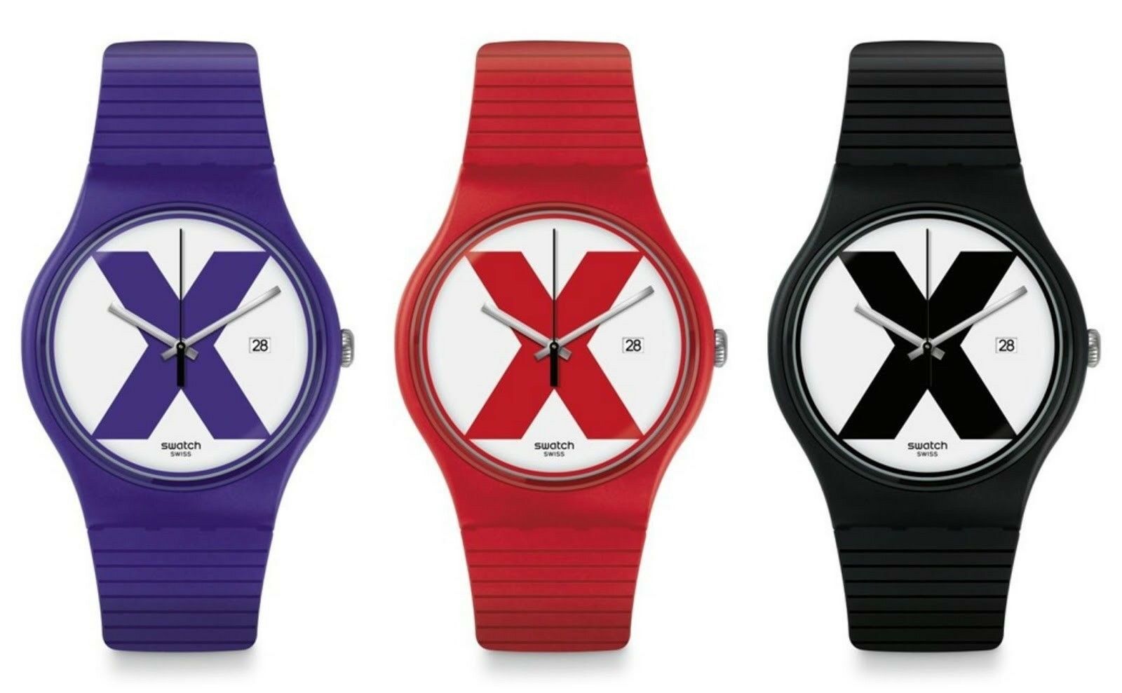 Swatch XX-Rated set of all 3 colors: Red, Black, Purple, straight