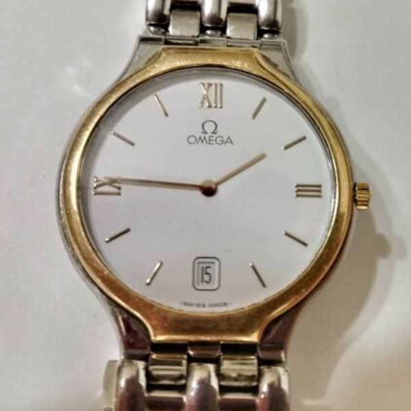 VTG OMEGA DEVILLE DATE QUARTZ WRISTWATCH 18K GOLD STAINLESS STEEL