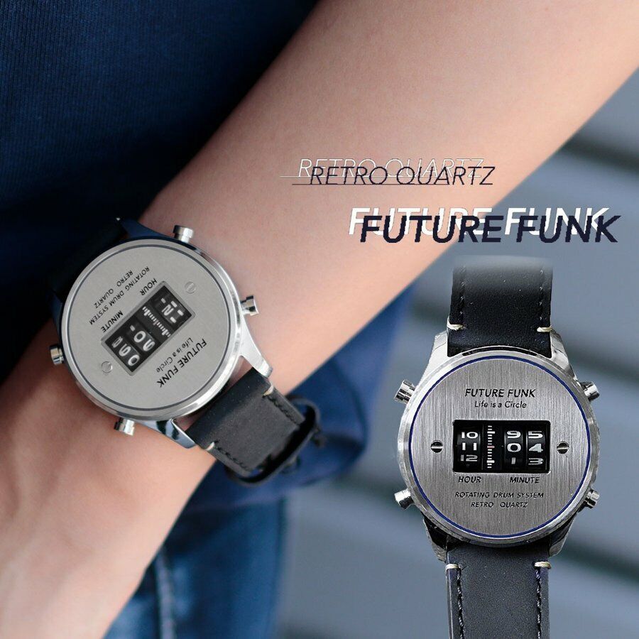 FUTURE FUNK Roller Type Watch Silver Quartz Movement Black Leather