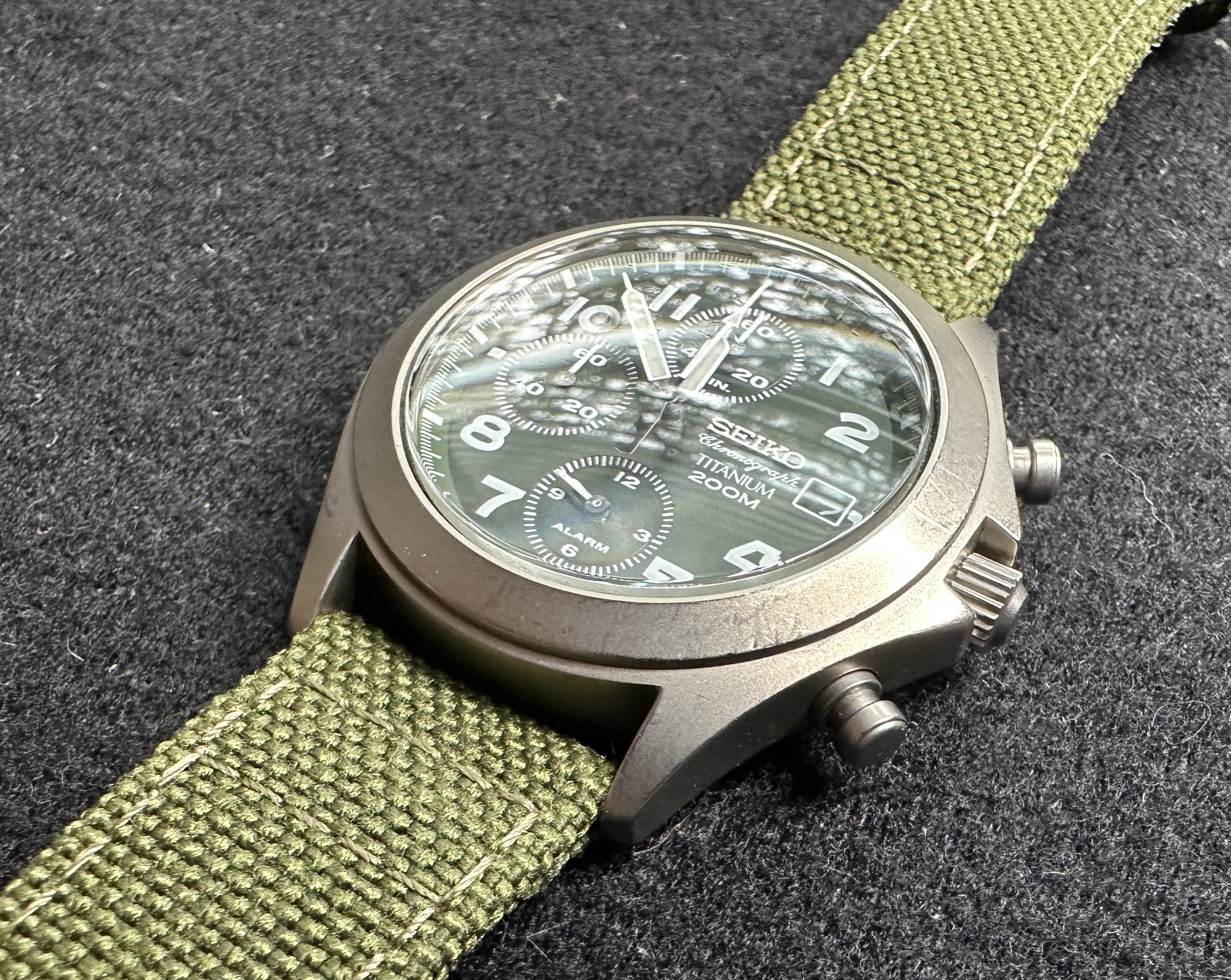 WTS**Seiko titanium 7T62 “Military” chronograph SNA139 GREEN DIAL - $200 |  WatchCharts Marketplace