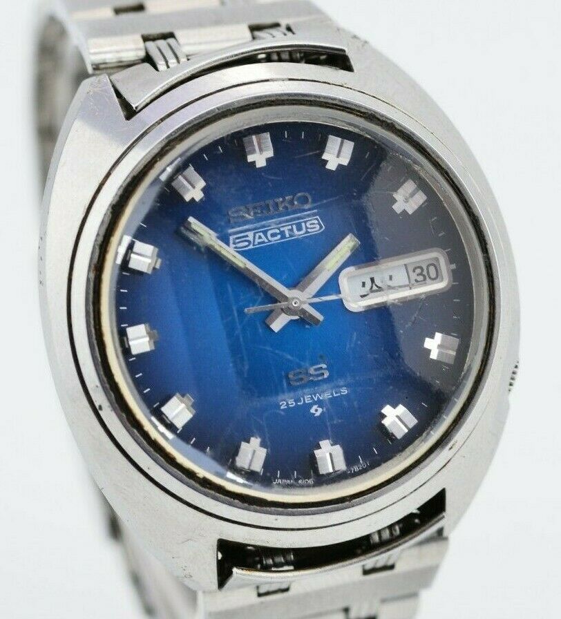 Vintage Mens Seiko 5 Actus SS Automatic Watch Blue Dial 6106-7600