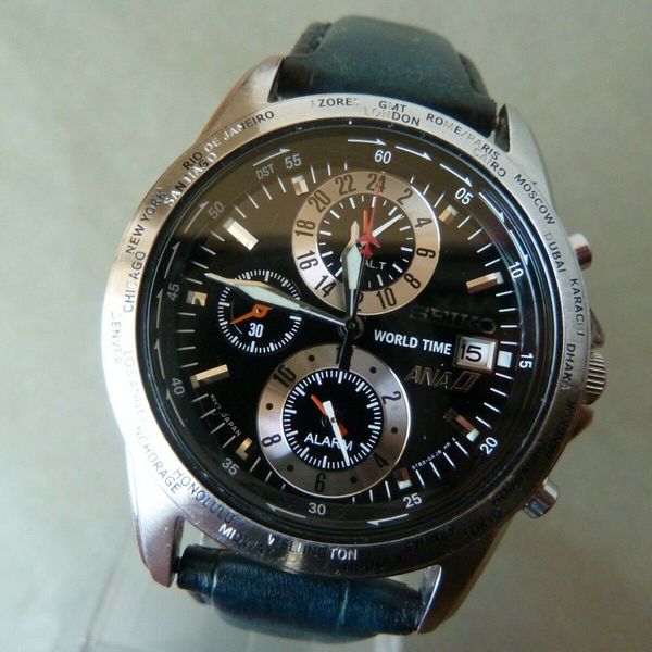 稼働 SEIKO ANA 腕時計 ワールドタイム 5T82 全日空 496