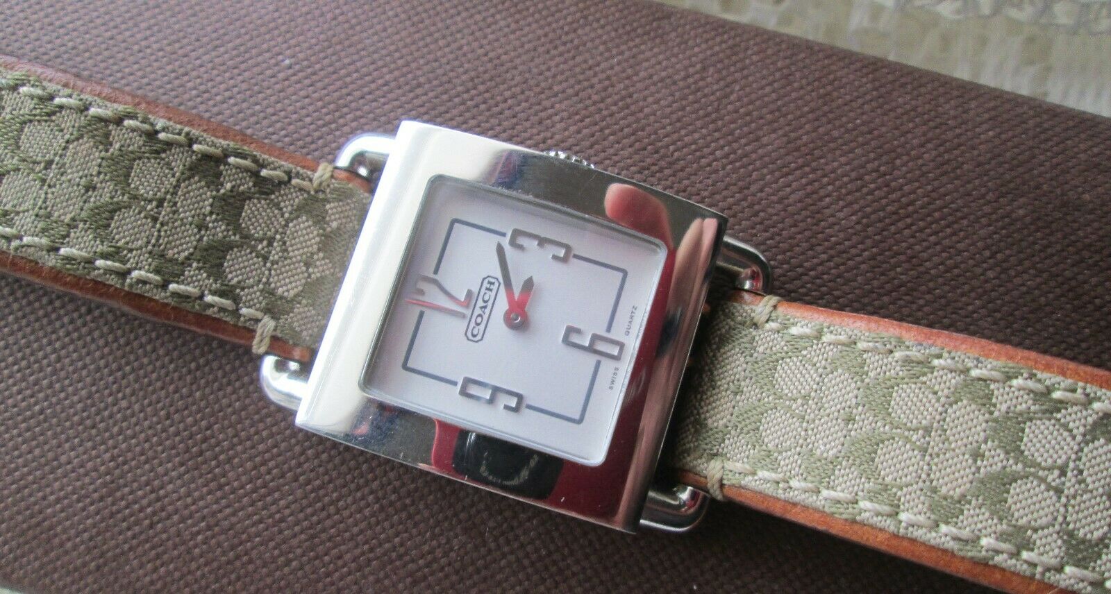 Coach Watch 0221 Water Resistant Square Logo Leather Cloth Band Brown Silver ⌚Coach ~ Silver Square Face 0221 Watch Signature C Canvas  main image 3