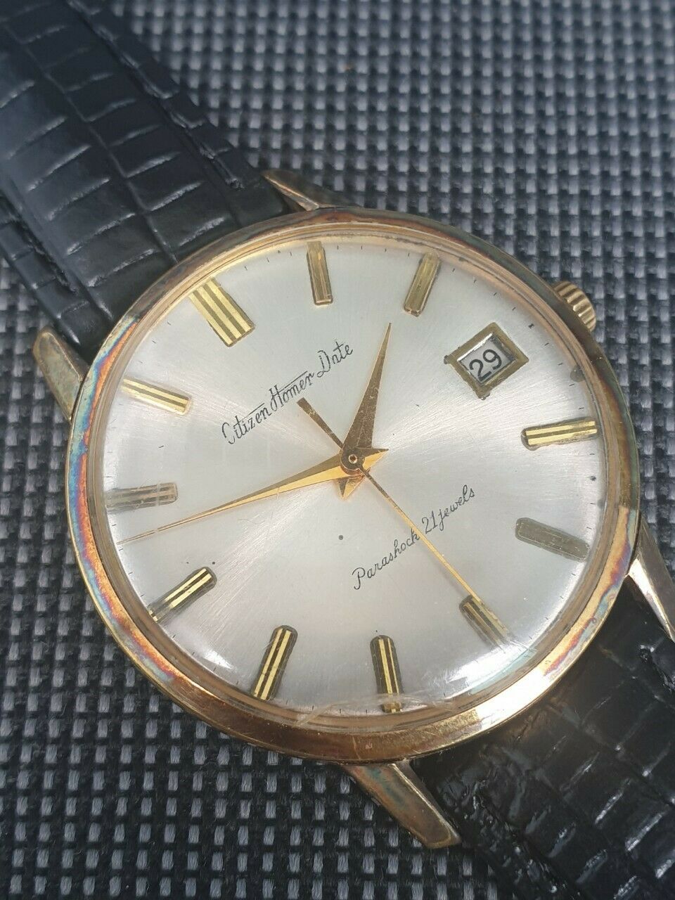 Vintage 1960 Citizen Homer Date Parashock 21J Gold Tone Hand