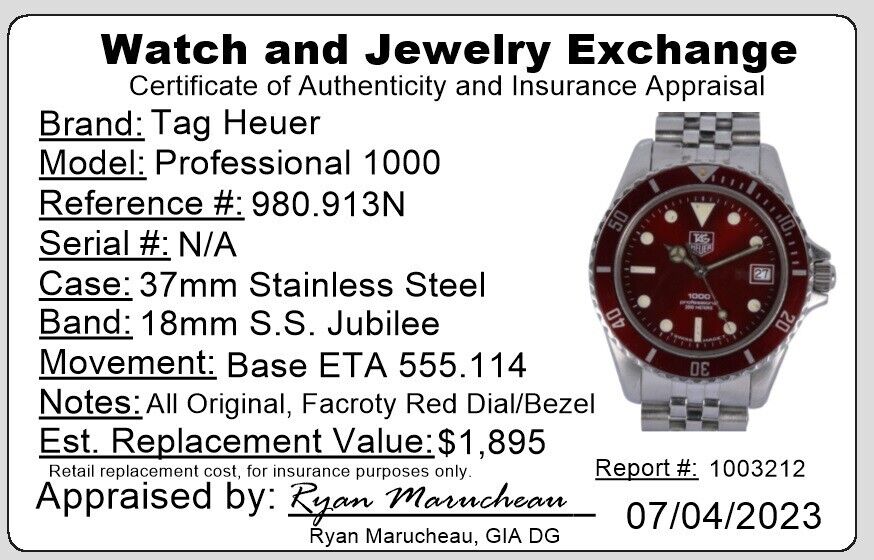 Men s 37mm Tag Heuer 980.913N Red Professional 1000 Stainless