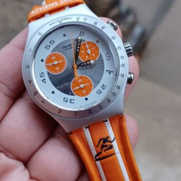 SWATCH ORANGE COLOR PLASTIC BAND MEN'S CHRONOGRAPH WATCH 9