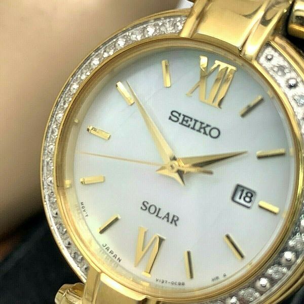 Seiko SUT182 Women's Gold Tone Solar MOP Dial Watch V137-0BC0 FOR