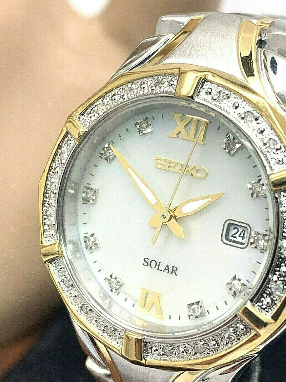 Seiko Solar Ladies Mother of Pearl Diamond Dial Two Tone S. Steel