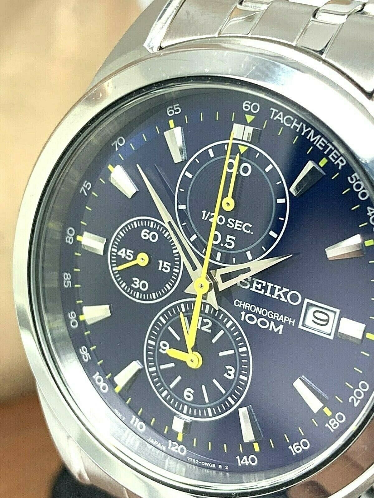 Seiko Men s Watch 7T92 0PP0 Quartz Chronograph Blue Dial Yellow