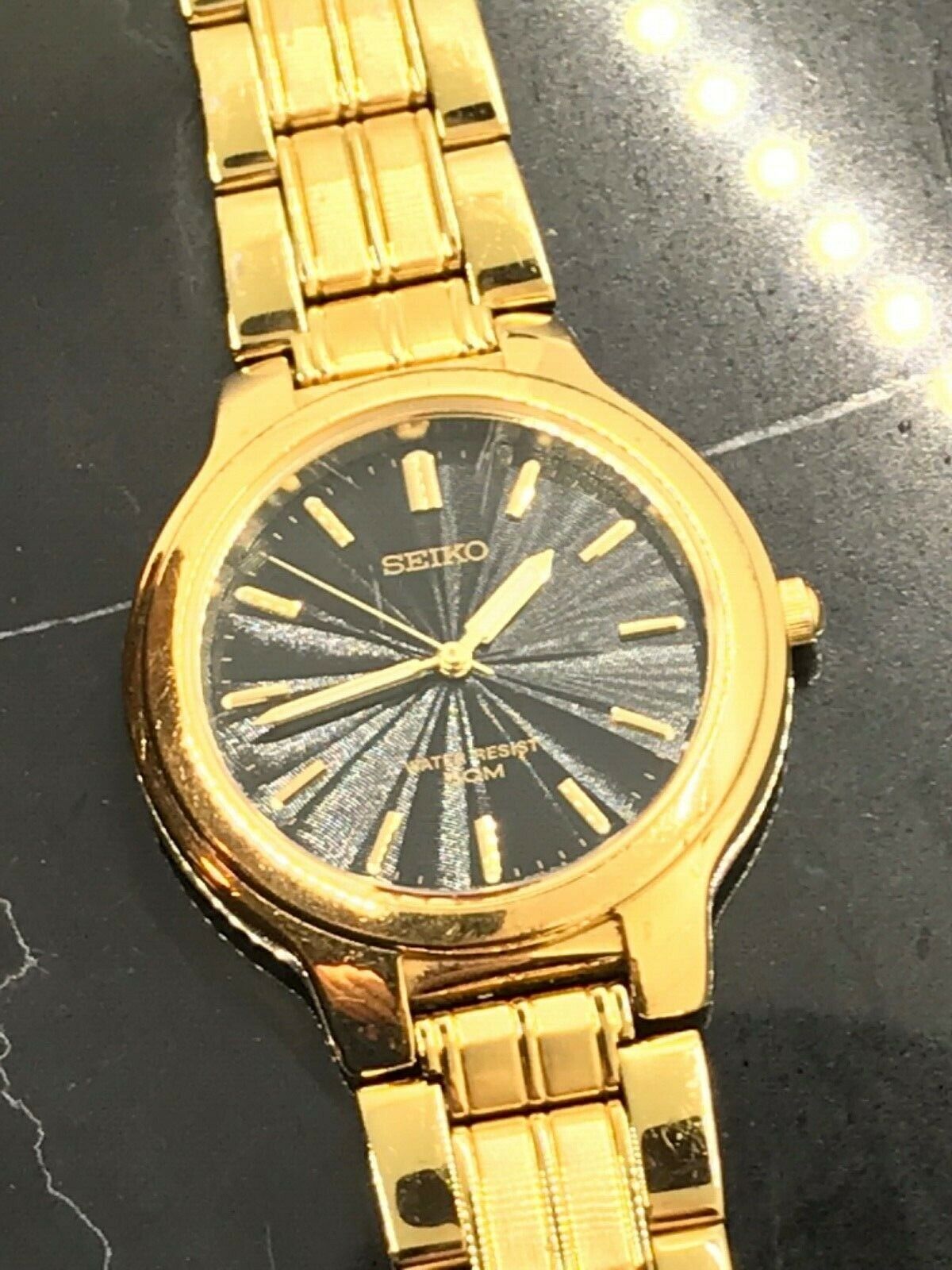 Seiko V701-2H10 Black Sunburst Dial gold tone band WR 50M Parts