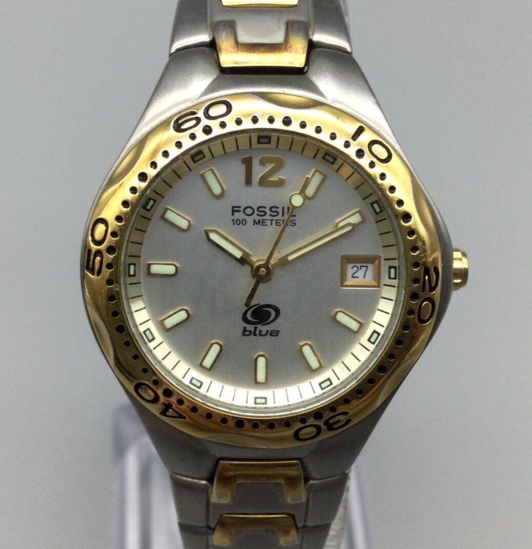 Fossil Blue Watch Women Silver Gold Two Tone 100M Date New Battery