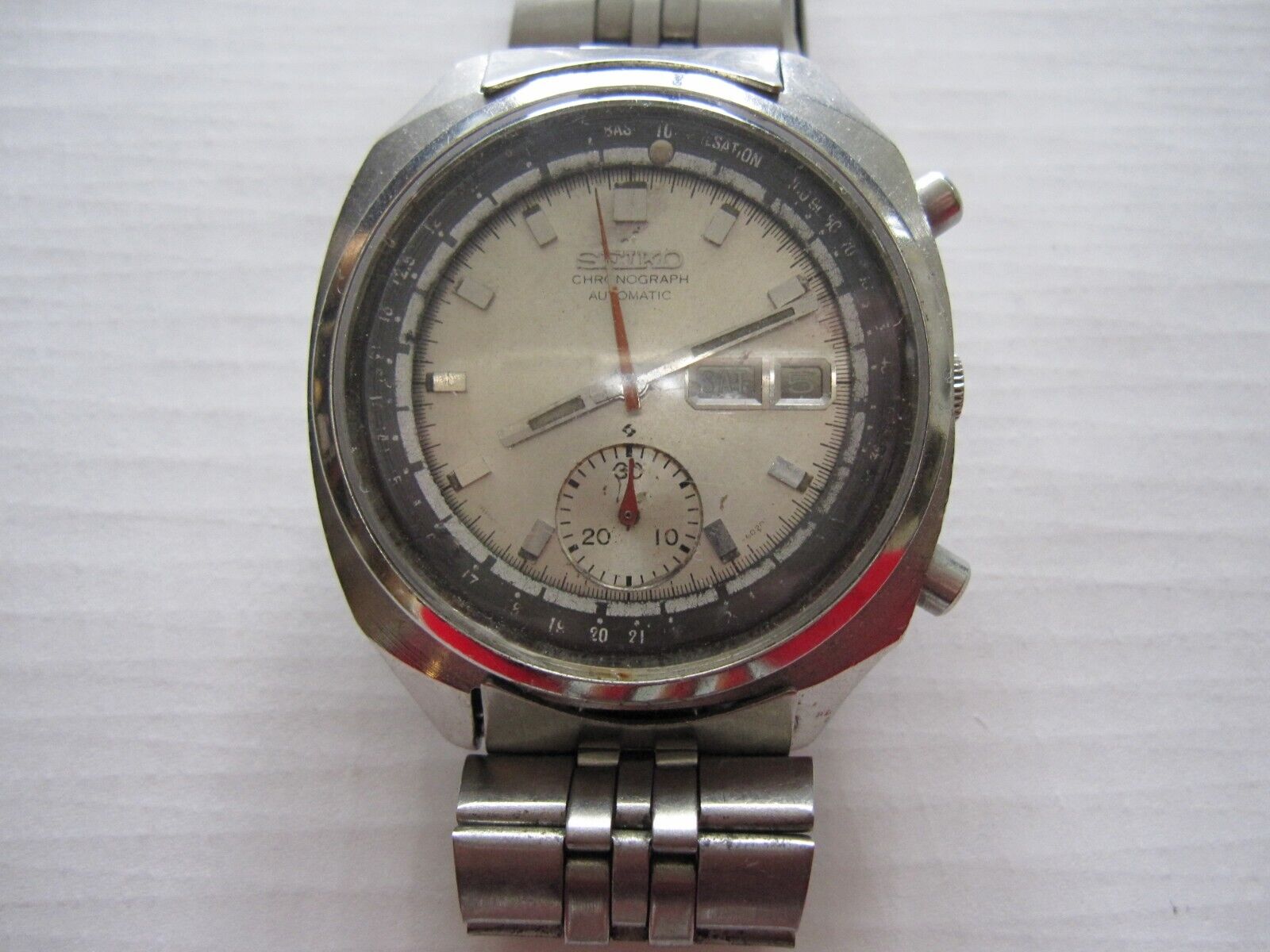 thumbnail image 2 of Vintage Seiko Chronograph Dial 6139-8002 – Gray Dark Silver Black, Lume Hour Marks, No Inner Bezel 2 of 5