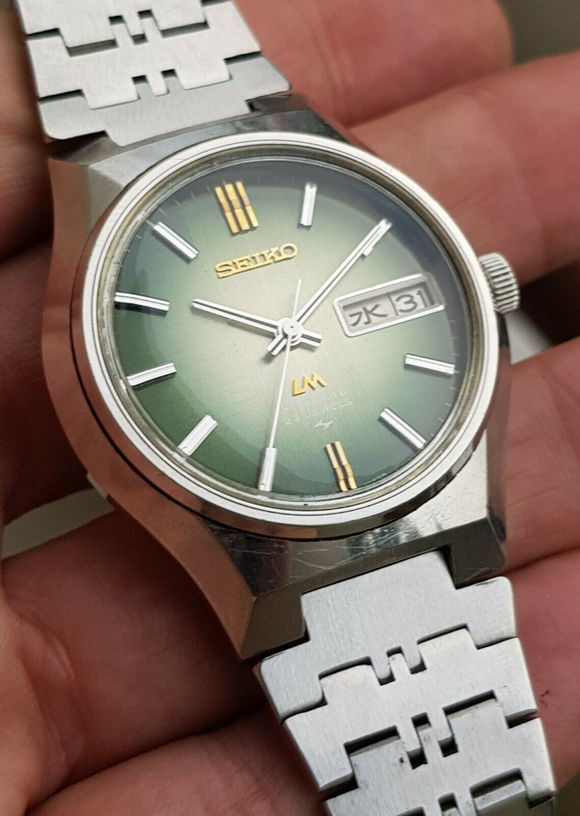 Vtg Seiko LM Special Lord Matic 23J 5216-7060 Green Dial Kanji