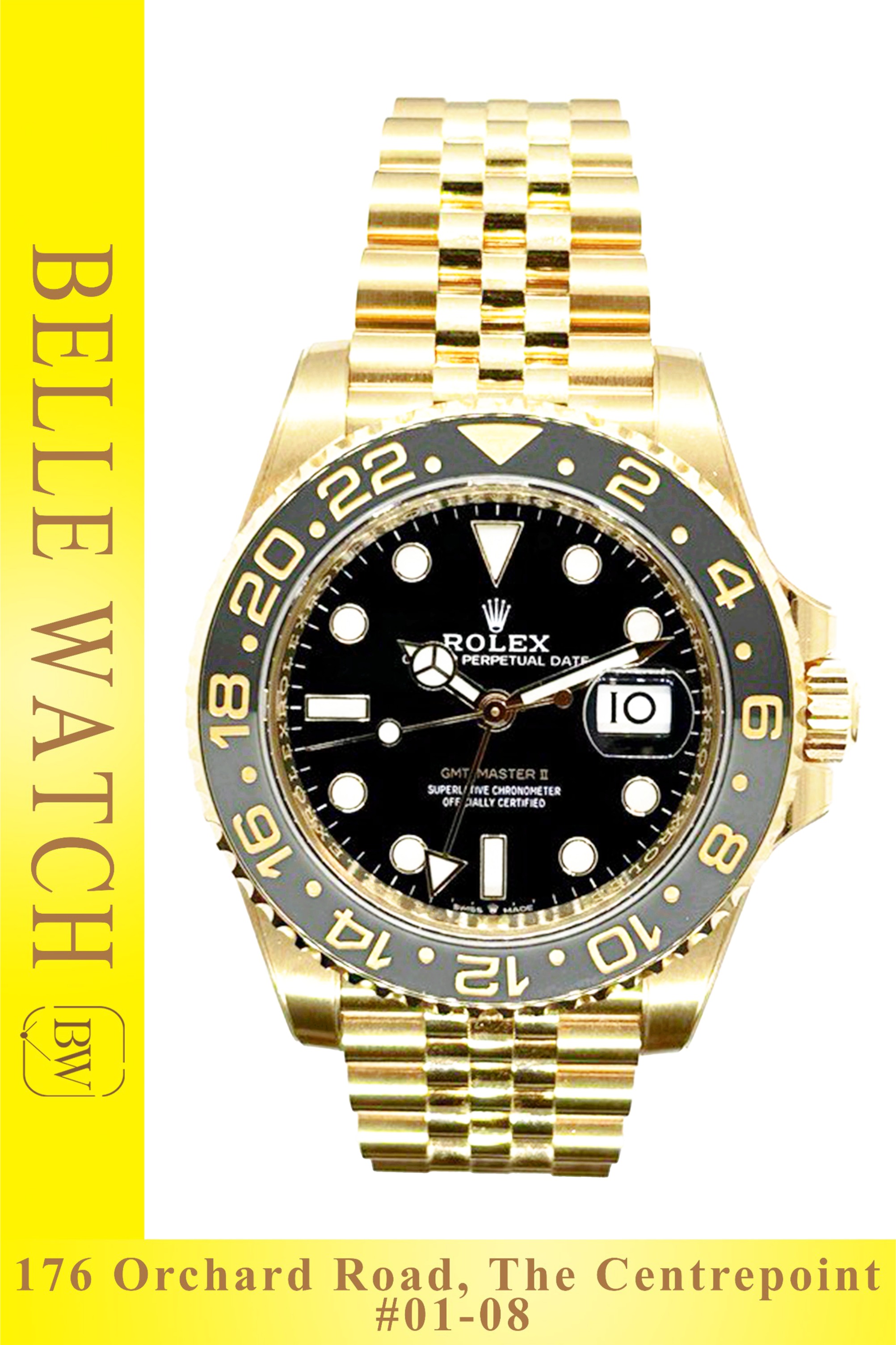 Preowned Rolex 126718GRNR GMT Master II Black Dial Yellow Gold