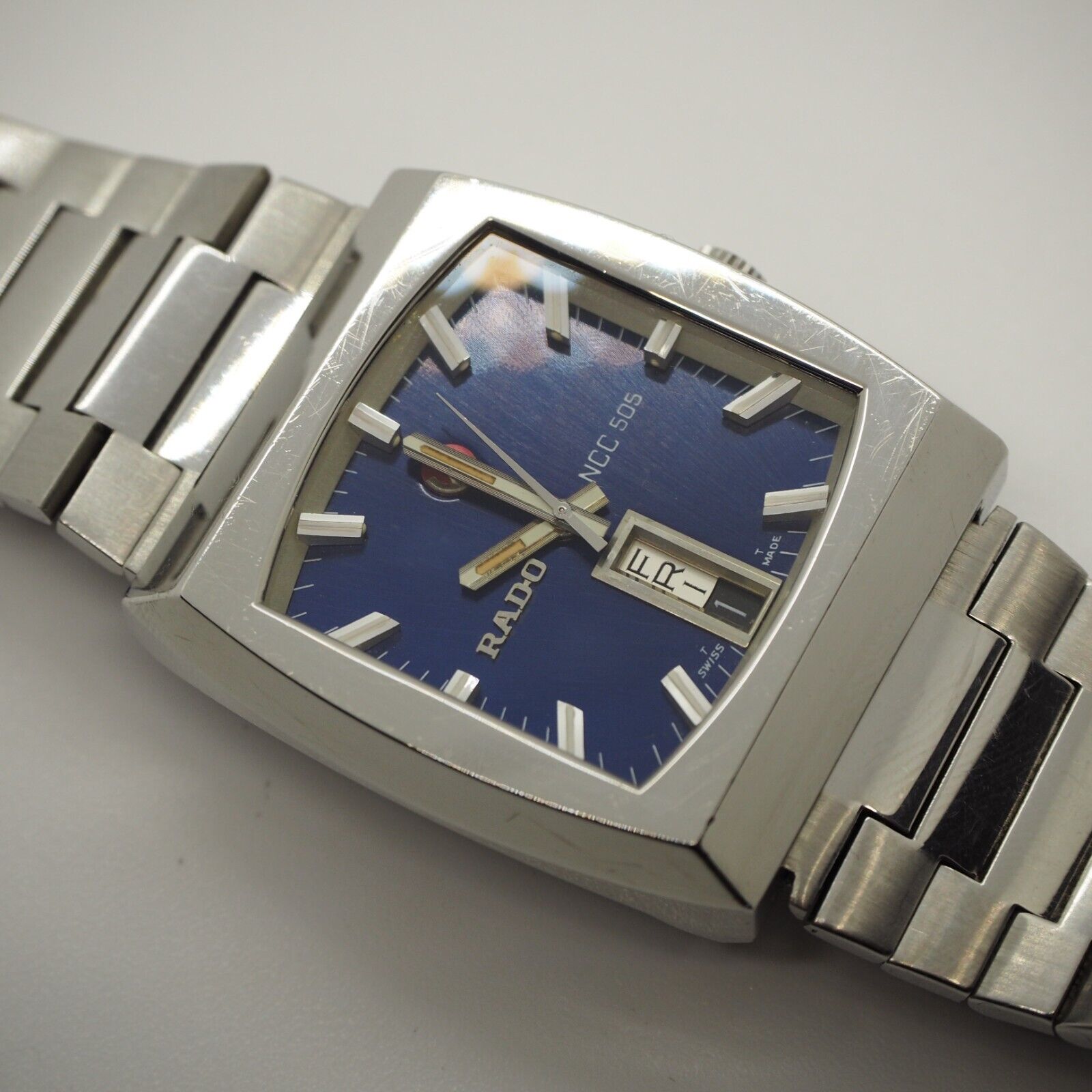 Rado Ncc505 Watch Men 35mm Blue Silver Square Vintage Swiss Day